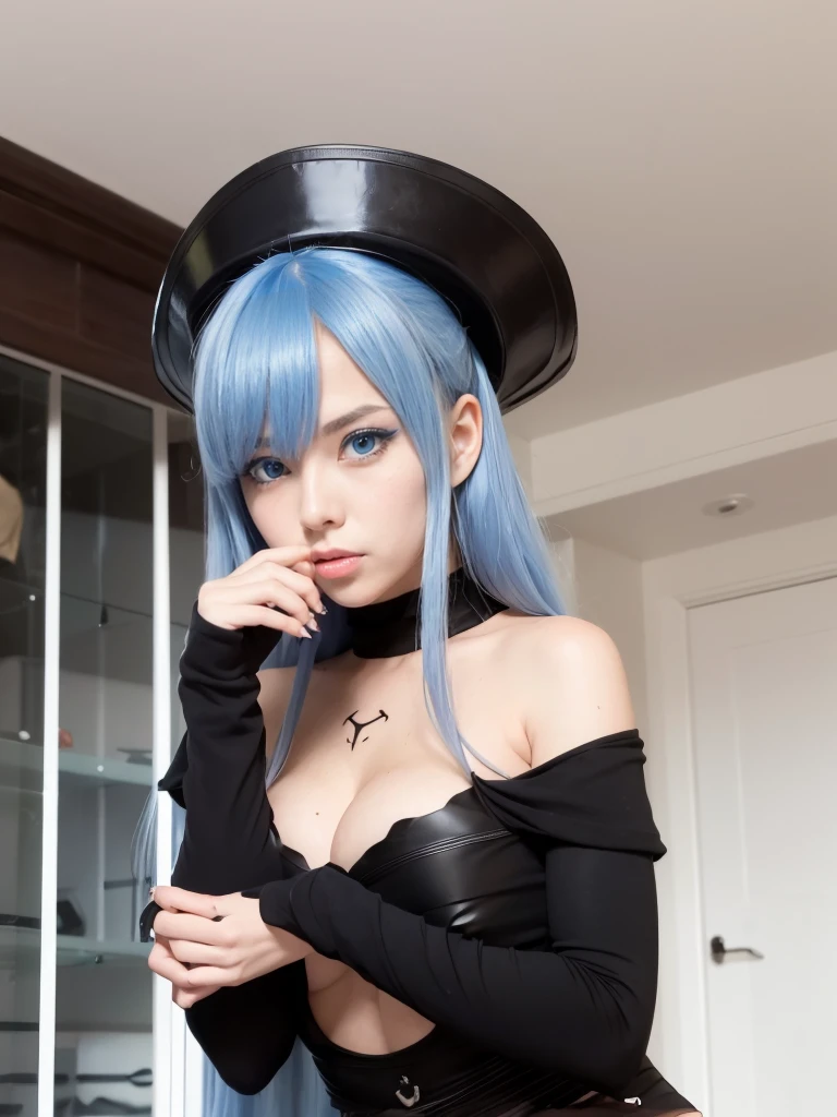 (artwork, best quality) a girl with long blue hair, blue eyes, blue eyelashes, black mini skirt, long black pantyhose, black off shoulder dress, wearing black captain's hat, tattoo, big breasts, perfect body, 4k hd, blushing, embarrassed, in a room