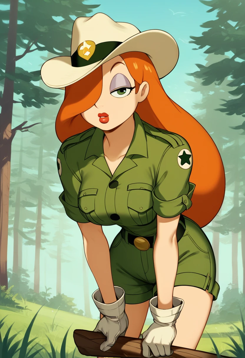 score_9, score_8_up, score_7_up, score_6_up, score_5_up, score_4_up, BREAK, source_anime,
1girl, jessicaranger, hair over one eye, orange hair, long hair, green eyes, hat, green shirt, short sleeves, shorts, belt, white gloves, lipstick, makeup, ranger uniform, leaning forward, breasts focus, 
solo, looking at viewer, blue sky, grass, trees, forest background, holding a squirrel 
 