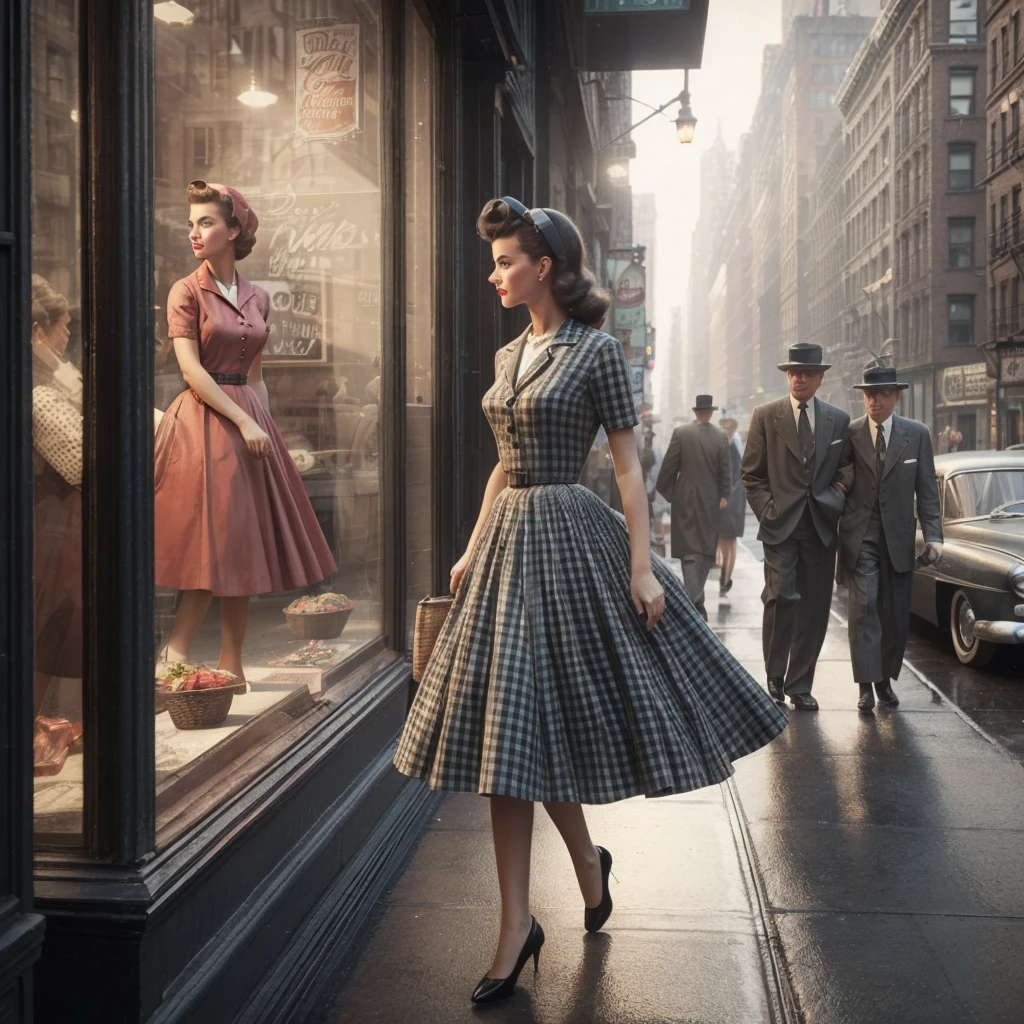 Realistic image of a 1950s girl walking down a New York street, looking in the windows. Men pass by her and watch her. Style of the time, black andwhite, film noir, analog, hyperrealisti, Cinematic.