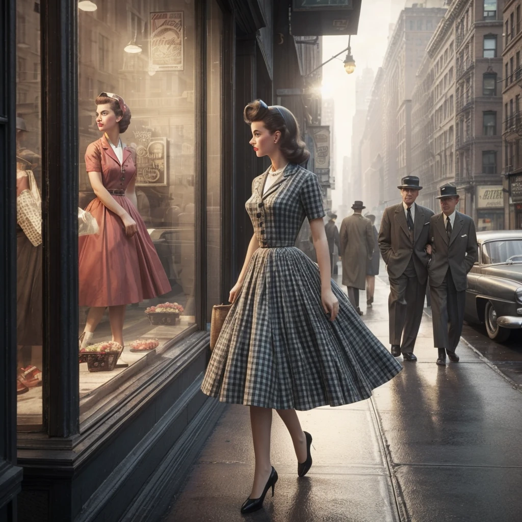 Realistic image of a 1950s girl walking down a New York street, looking in the windows. Men pass by her and watch her. Style of the time, black andwhite, film noir, analog, hyperrealisti, Cinematic.