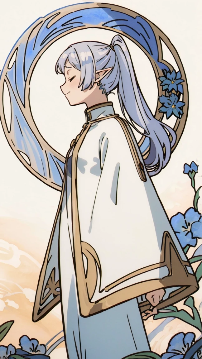 masterpiece, best quality,
Closed eyes, silver hair, solo,bangs, ((art nouveau)), ((blue flowers)), elf, long silver hair, ((ponytails)), ((standing)), ((levitating)), wind, gentle smile, white dress, looking down, profile, gold