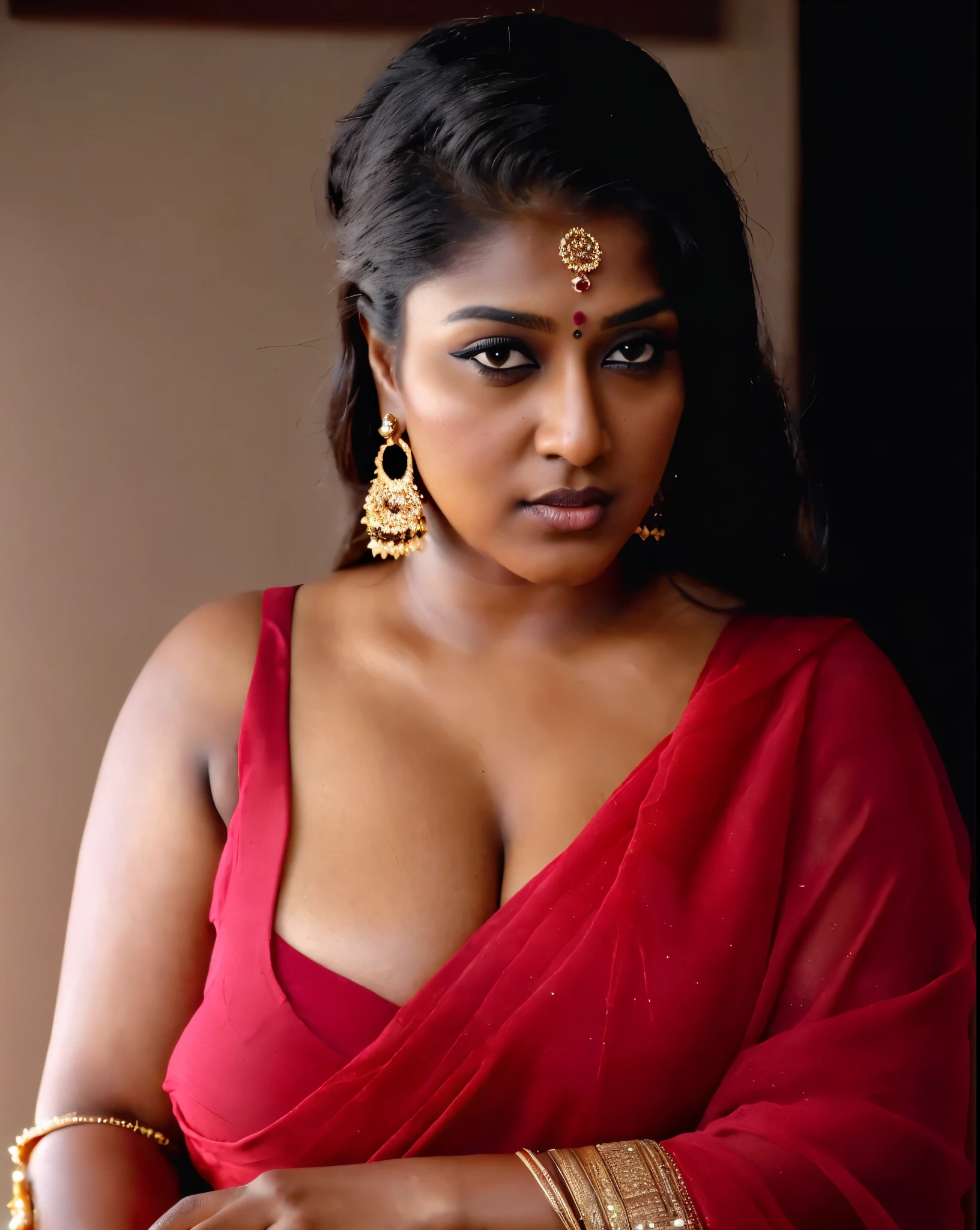 Looks like Nayanthara, thick figure, bulky figure, fleshy figure, black lips, beautiful hypnotizing gazing eyes, Full figured woman, heavy figure, attractive, gorgeous, stunning beauty, milf, 50 years old Woman, attractive body, araffe woman in a gold sari posing for a picture, chocolate skin, skin pores, sweat, incredible skin texture, wearing gold jewellery, photo of a hand jewellery model, sexy girl with dark complexion, indian girl with brown skin, traditional beauty, wearing elegant jewellery, traditional makeup, with small studded earings, indian goddess, indian, intricate thin details in gold, gold jewellery, modeling shoot, 7 0 mm portrait, dramatic lighting, cinematic colour grading,