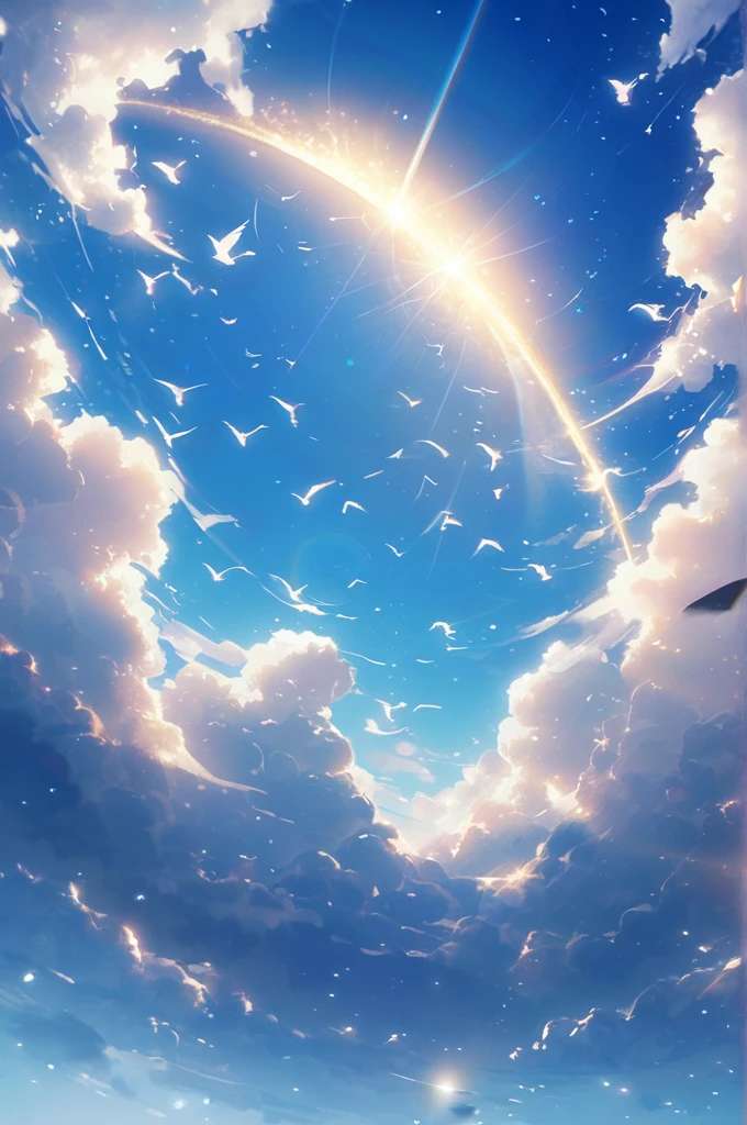 ((Лучшее качество)), ((шедевр)), (подробный), blue sky, birds in the sky, beautiful clouds, sun