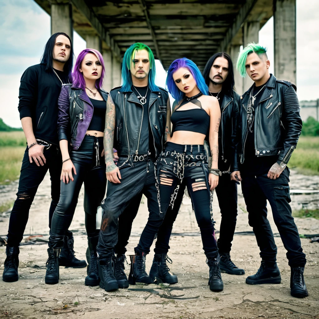 (Masterpiece, 8K, UHD, high resolution: 1.4), realistic photo of 5 members of a nu metal band, (2 women and 3 men: 1.2), (wearing 2000s nu metal style clothing: 1.3), (confident and dynamic pose for promo photo: 1.2), (background of an abandoned and worn-down location: 1.2), (some members with hair dyed blue, purple, or green: 1.2), (elements of alternative fashion and rebellious attitude: 1.3), (dark and industrial atmosphere: 1.3), (realistic and intricate details: 1.2), (elements of music and subculture: 1.2), (captivating and strong perspective: 1.3)
