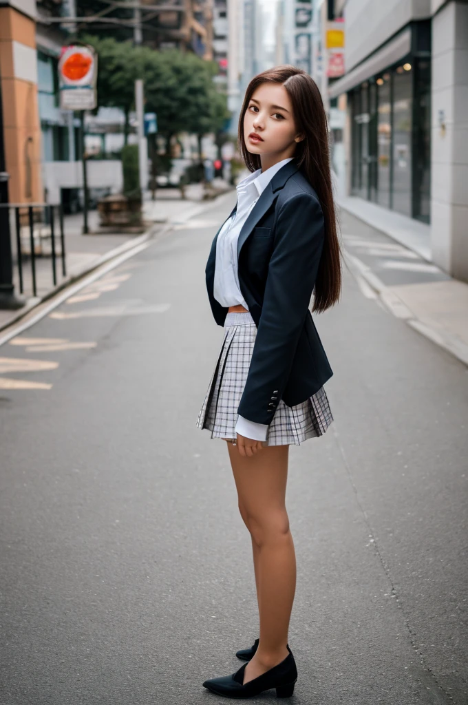 a 17 year old girl, she is the most beautiful actress in the world, the perfect body proportions of this girl, the blazer is appropriately buttoned up on the formal shirt that she wears, her crotch area of the panties between her bare legs are hardly hidden by the short skirt, it's just the front of her body, it's just one description, it from right above her head to right below her shins are within the space, she is standing straight at the street, nsfw, best quality, highly detailed, masterpiece, ultra high res, photo realistic, 8k, RAW photo