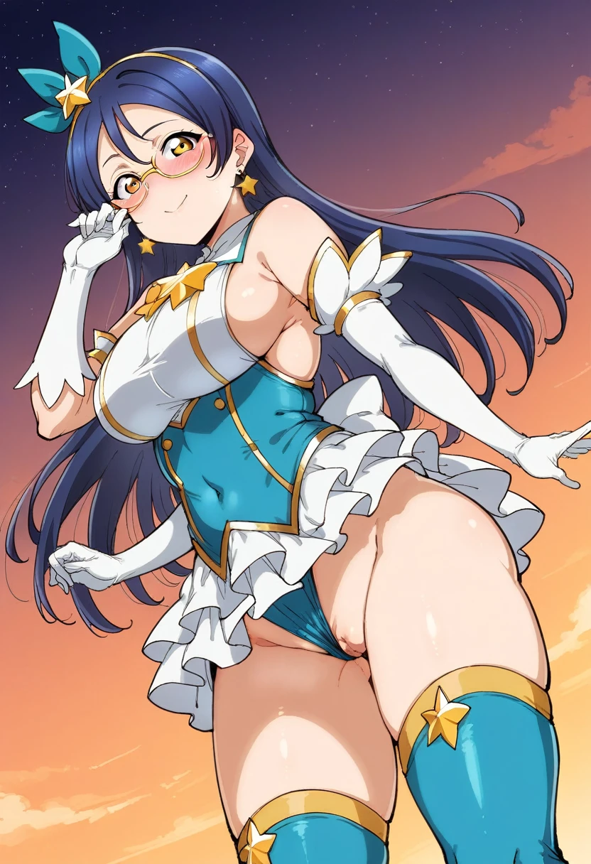 Masterpiece, best quality,alp artstyle,Sonoda umi love live,(white and blue leotard), magical girl ,star glasses, earrings, thighhighs, breasts,outdoors,day,golden eyes,(blushing:1.2),mini skirt, big Breasts ,Sexual seduction, pussy out,side hip cutout 