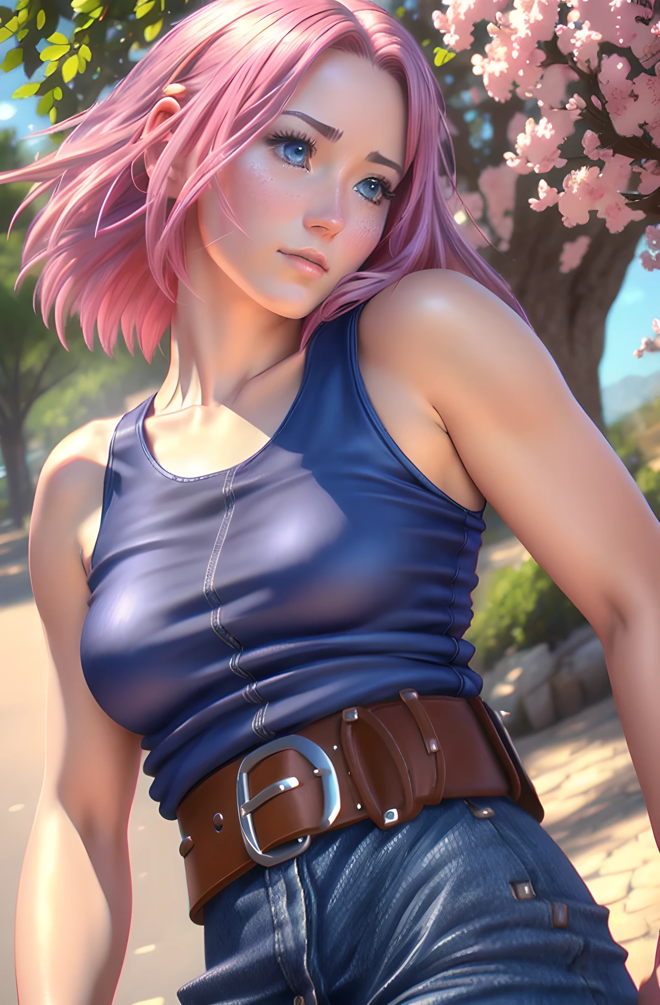 a beautiful tall sakura girl, short anime style hair, extremely detailed realistic face, beautiful eyes, long eyelashes, small nose, full lips, red tank top with beautiful folds and wrinkles, blue pants, belt, (best quality,8k,highres,masterpiece:1.2),ultra-detailed,(realistic,photorealistic,photo-realistic:1.37),intricate details,cinematic lighting,warm color tones,vibrant colors,beautiful background,cinematic angle
