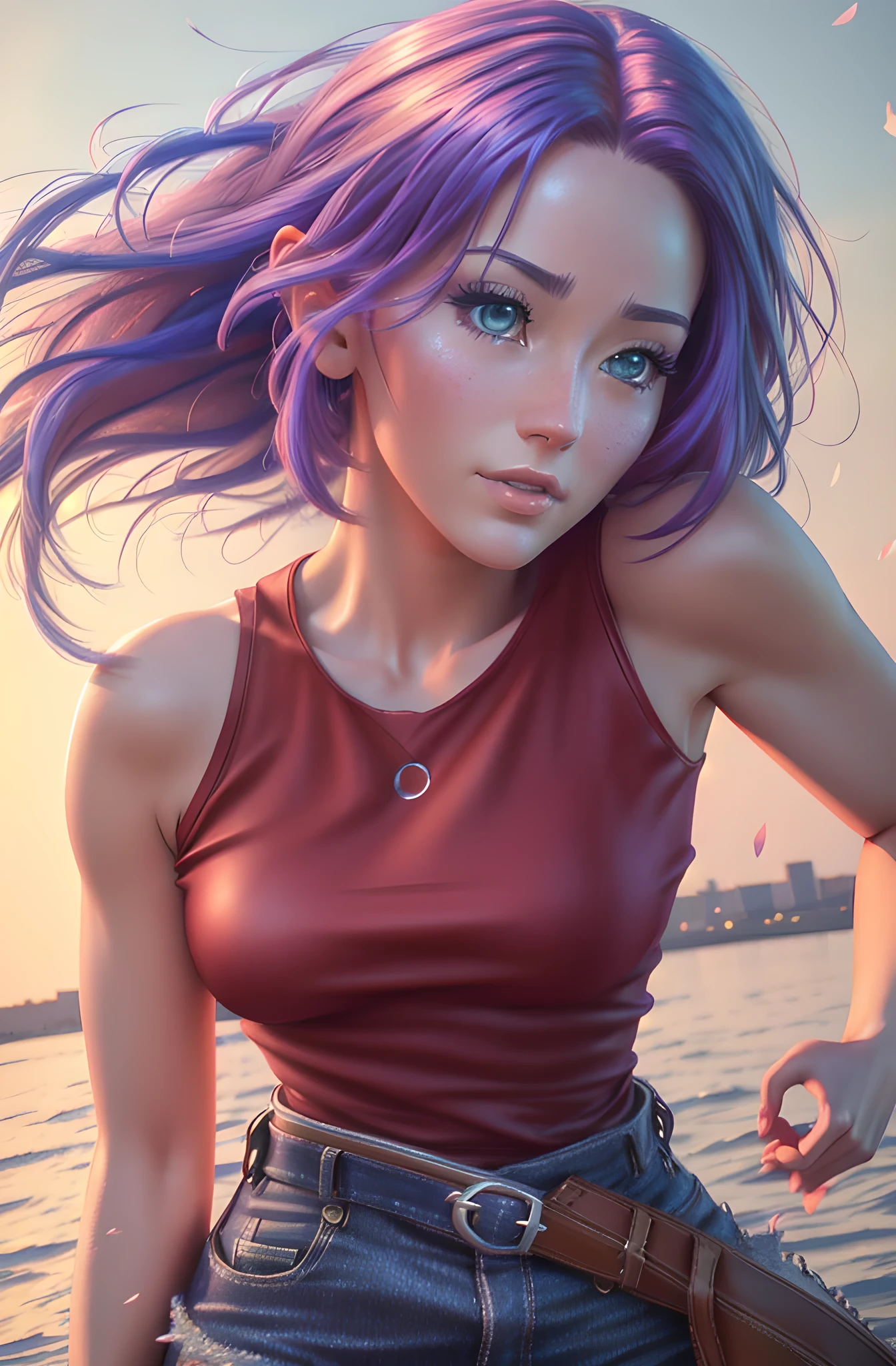 a beautiful tall sakura girl, short anime style hair, extremely detailed realistic face, beautiful eyes, long eyelashes, small nose, full lips, red tank top with beautiful folds and wrinkles, blue pants, belt, (best quality,8k,highres,masterpiece:1.2),ultra-detailed,(realistic,photorealistic,photo-realistic:1.37),intricate details,cinematic lighting,warm color tones,vibrant colors,beautiful background,cinematic angle