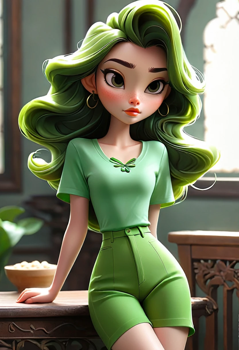 green girl, culona, wide legs, big waist, slim waist up