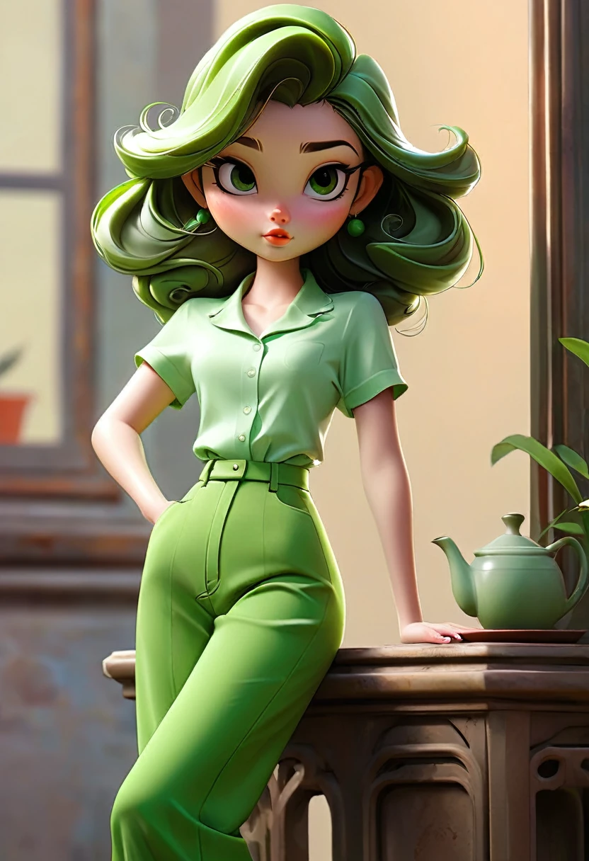 green girl, culona, wide legs, big waist, slim waist up