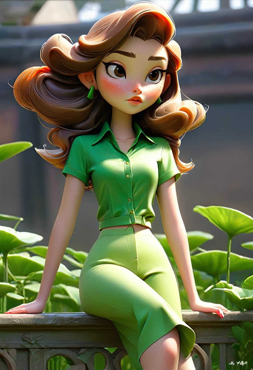 green girl, culona, wide legs, big waist, slim waist up