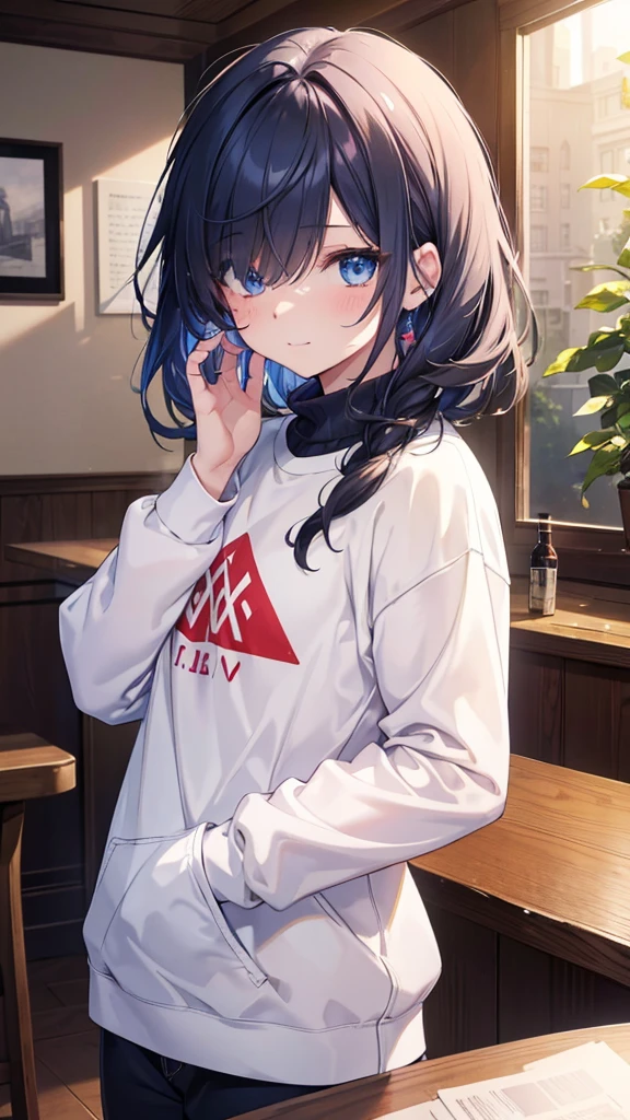 (Masterpiece, Superior quality, Best Quality, Official Art, beautiful and aesthetic:1.2),(8k, Best Quality, Masterpiece:1.2), (((Masterpiece))),(((Best Quality))),(((extremely detailed))),illustration,OMS, (Masterpiece, Superior quality, Best Quality, Official Art, beautiful and aesthetic:1.2),(8k, Best Quality, Masterpiece:1.2),1 chico, Alone, Honkai: star rail, black hair, by the median, Bermuda, an eye hidden behind hair, hair over one eye, blue eyes, Casual, white sweatshirts, triangular marks on cheeks, haddock, laughing and indifferent, looking at the viewer, bar \(Place\), inside, depth of field, mqmf, Young man 