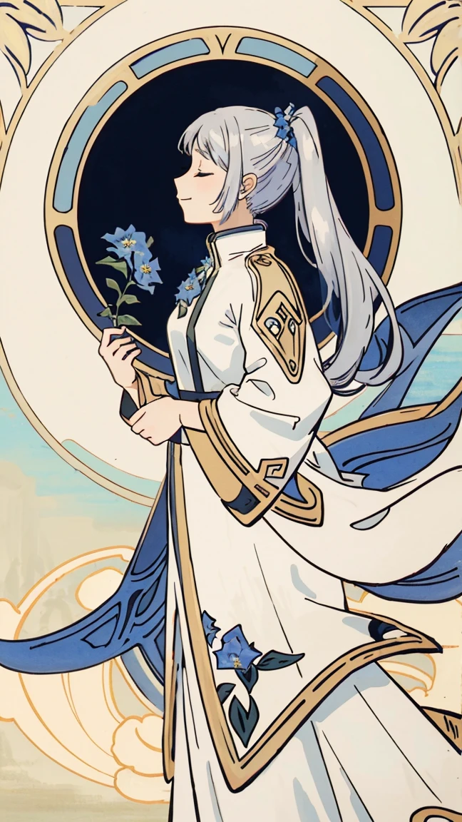 masterpiece, best quality,
Closed eyes, silver hair, solo,bangs, ((art nouveau)), ((blue flowers)), elf, long silver hair, ((ponytails)), ((standing)), ((levitating)), wind, gentle smile, white dress, looking down, profile, gold