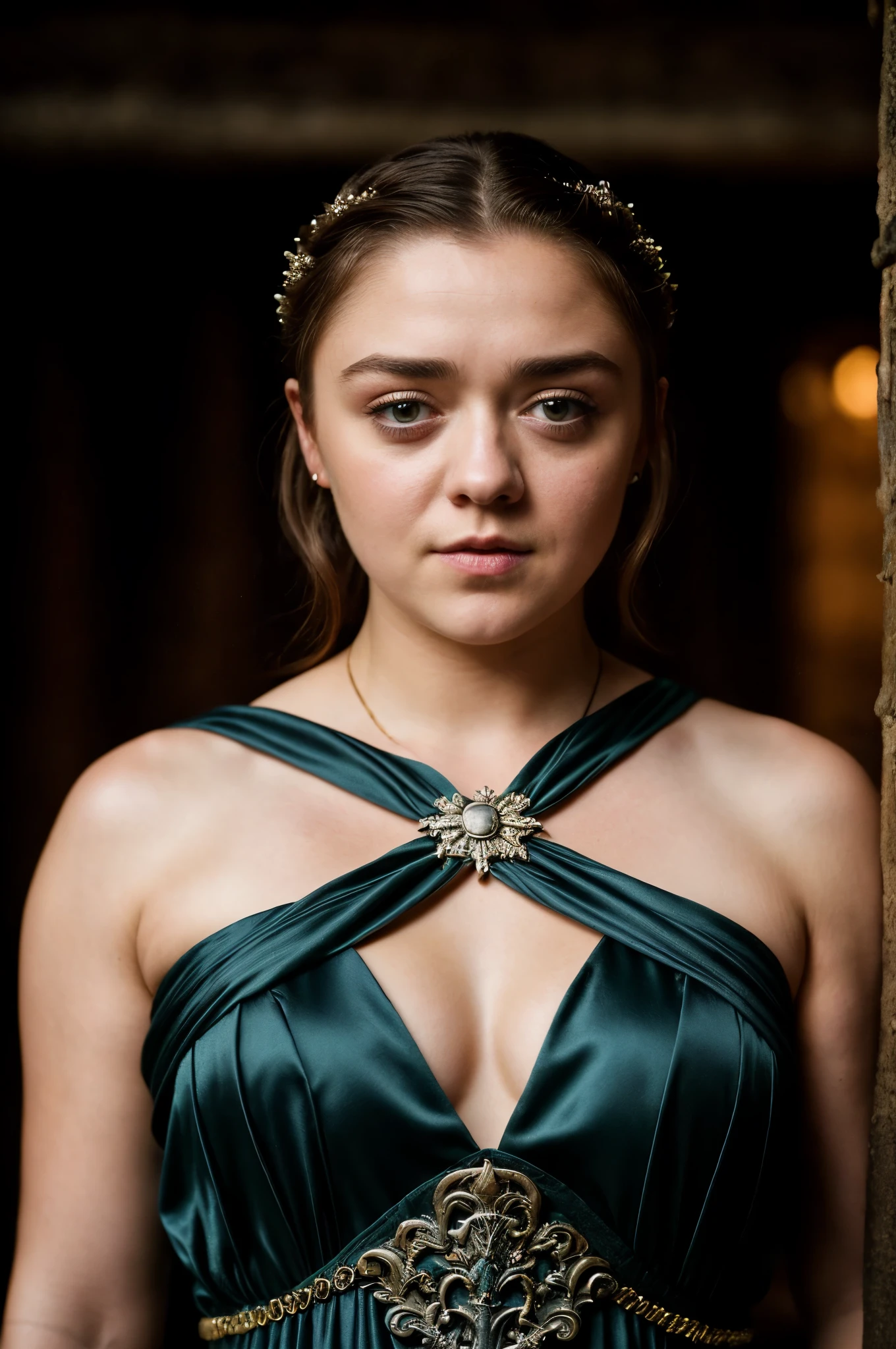 Foto RAW, Arya Stark, Stunning Beauty, Ravishing, Enchantress, Extremely gorgeous lady, Arya Stark PLAYED BY MAISIE WILLIAMS, Queen Arya Stark, she  a mature woman now, milf, thick and fleshy figure, heavy figure, mommy figure, full figured woman, 
bulky figure, sexy mediaeval battle dress, gladiator woman, body, 50 years old Woman, Roman slave dress, cotton dress, busty mediaeval costumes, body revealing costumes, perky breast, big natural breast, erotic costumes, lusty physique, seductive figure can capture every people's attention, Game of thrones costumes, revealing captivating figure, Mediaeval costumes, revealing clothes, A tomboy, she would rather fence than dance, warrior queen , game of thrones screen caps, Game of Thrones Series, (pele altamente detalhada: 1.2), 8k UHD, DSLR, soft-lighting, alta qualidade, grain of film, Fujifilm XT3, flawless picture, highly detailed, detailed Beauty, intricate, 32k, sharp picture,