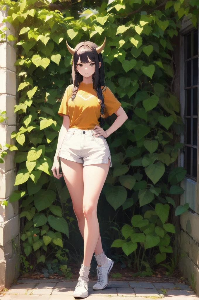 (masterpiece:1.37), whole body, Yellow medieval summer girl, concept, vines on the hand and horns from the vines, full length, whole body, magic hunter, White shorts, SFV