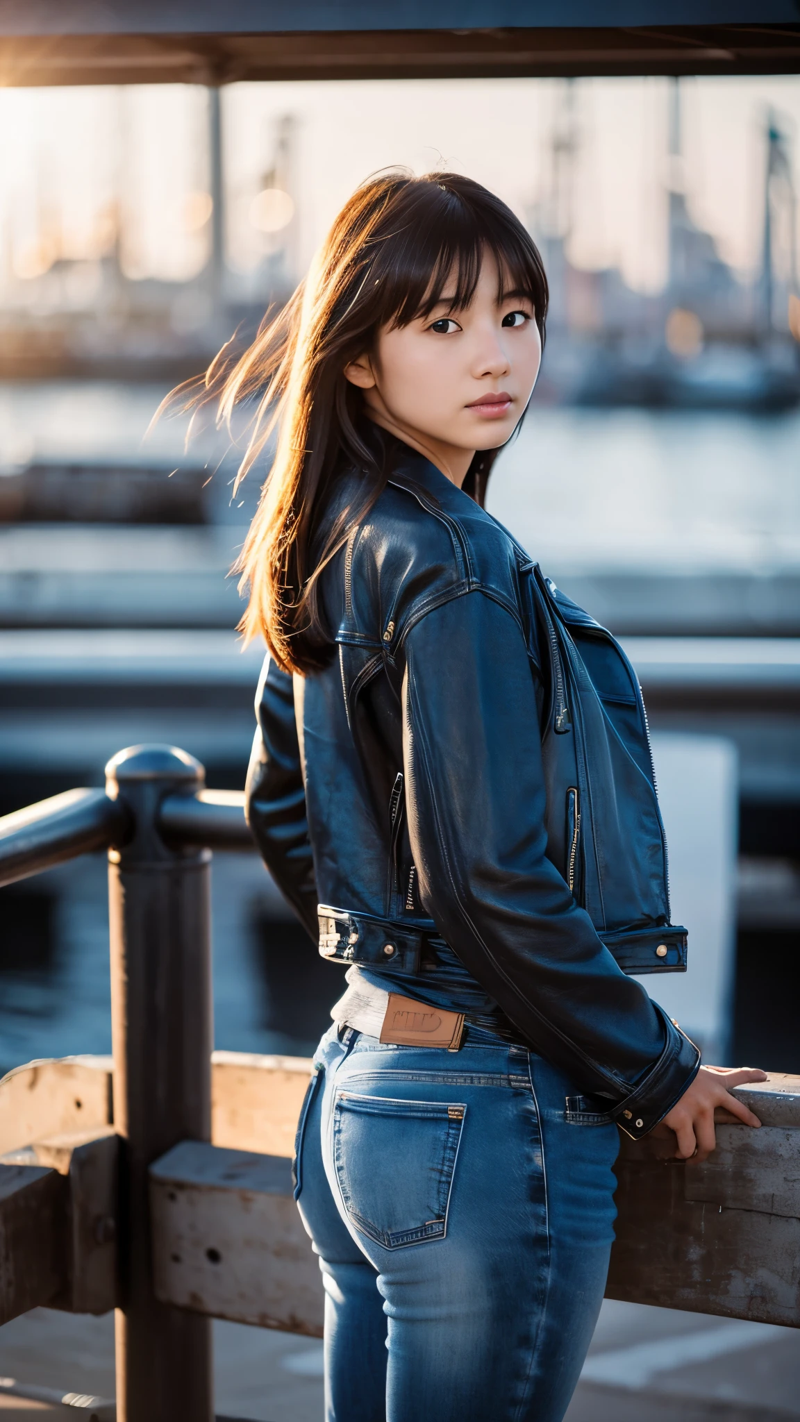 masterpiece, 8K, hyper realistic, 1girl, 20 years old, japanese, walking in a junkyard, leather jacket, blue jeans, hair blown by the wind, sunset, backlight, intricate detail, sharp focus