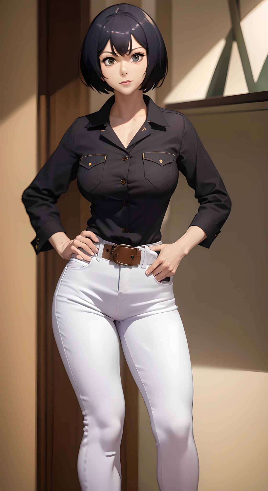 (masterpiece,best quality,4k,8k,highres,realistic,photorealistic,ultra-detailed),(sakurada:1.2),(white pants:1.1),(bootcut jeans:1.1),topless,(caffe interior),(hands on hips),(belly button),(brown shoes:1.1),(full body),(looking at viewer),(standing),(belt)