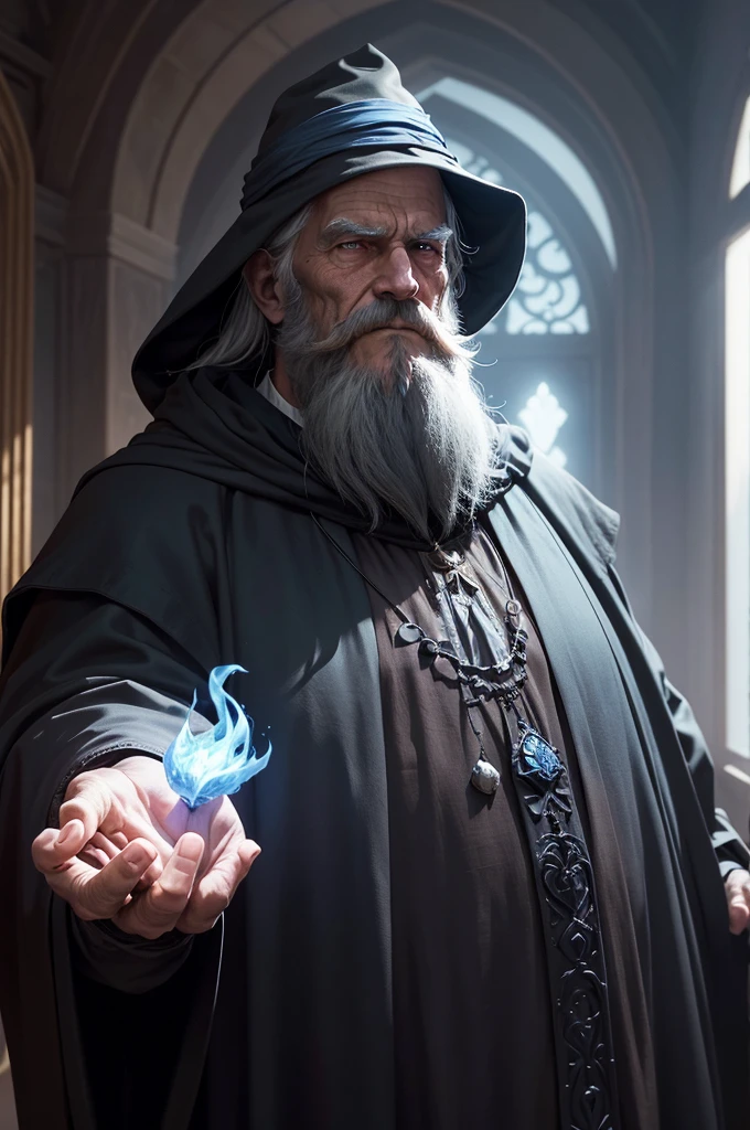 An old man wearing a black cloak, his hand is outstretched, over his hand floats a handful of magical blue flame, the old man has a long beard and a mysterious and mischievous look. Interior of a mansion, Fantasy world.