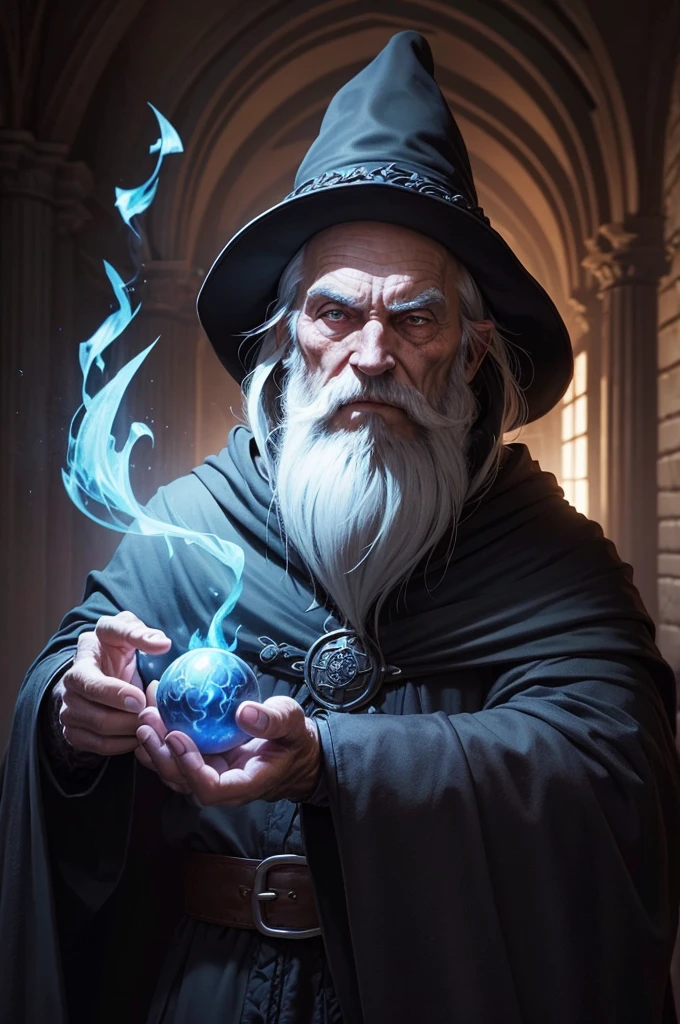 An old man wearing a black cloak, his hand is outstretched, over his hand floats a handful of magical blue flame, the old man has a long beard and a mysterious and mischievous look. Interior of a mansion, Fantasy world.