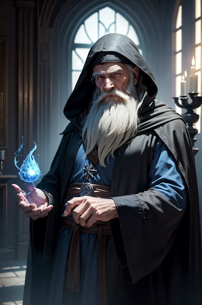 An old man wearing a black cloak, his hand is outstretched, over his hand floats a handful of magical blue flame, the old man has a long beard and a mysterious and mischievous look. Interior of a mansion, Fantasy world.