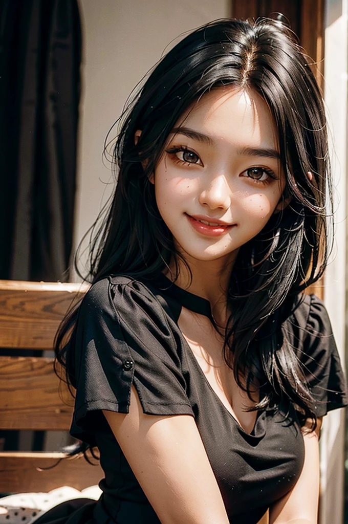 Girl with black hair, brown eyes and dark skin, using a black dress, and a happy face