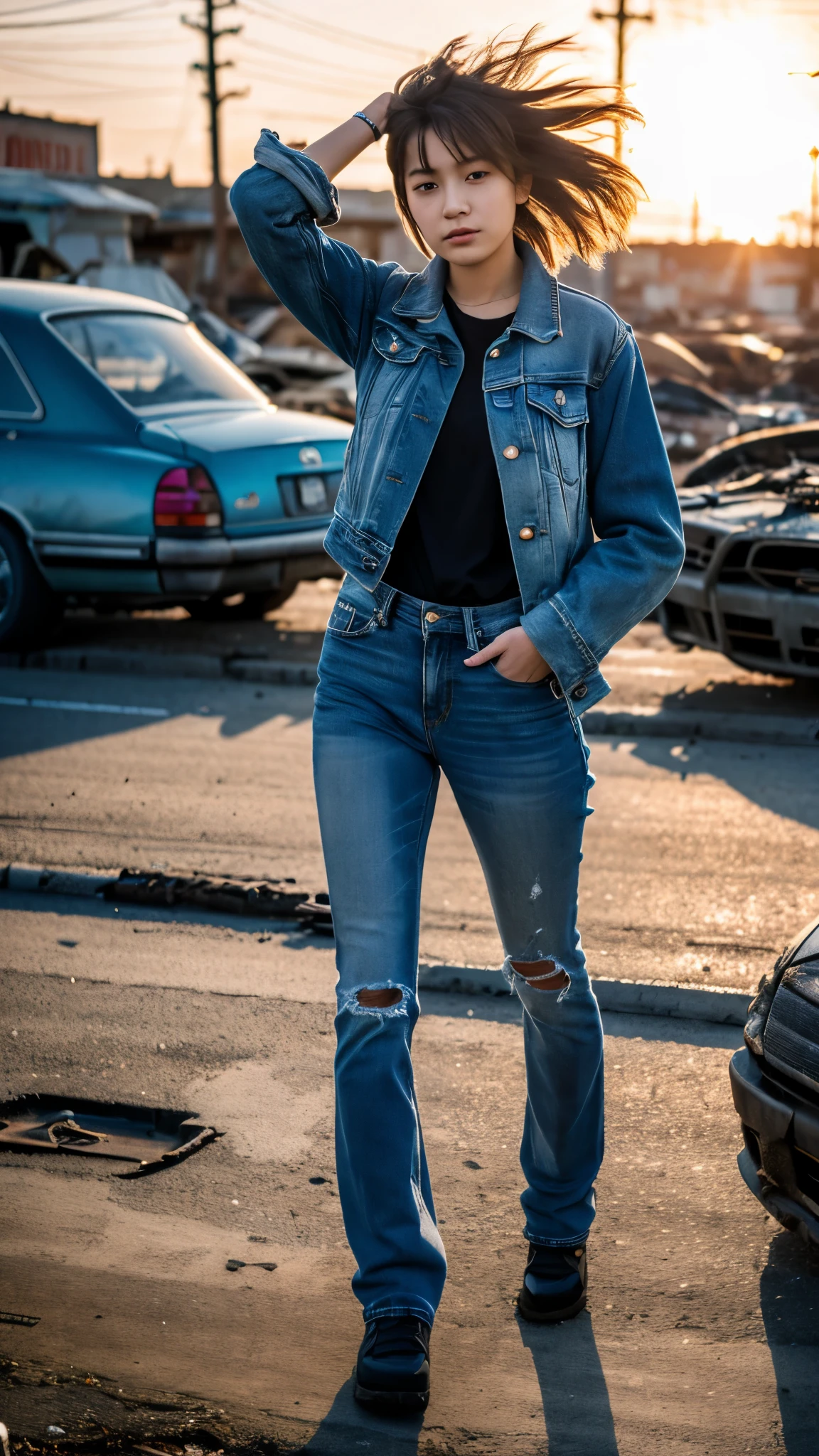 masterpiece, 8K, hyper realistic, 1girl, 20 years old, japanese, walking in a junkyard, leather jacket, blue jeans, hair blown by the wind, sunset, backlight, intricate detail, sharp focus