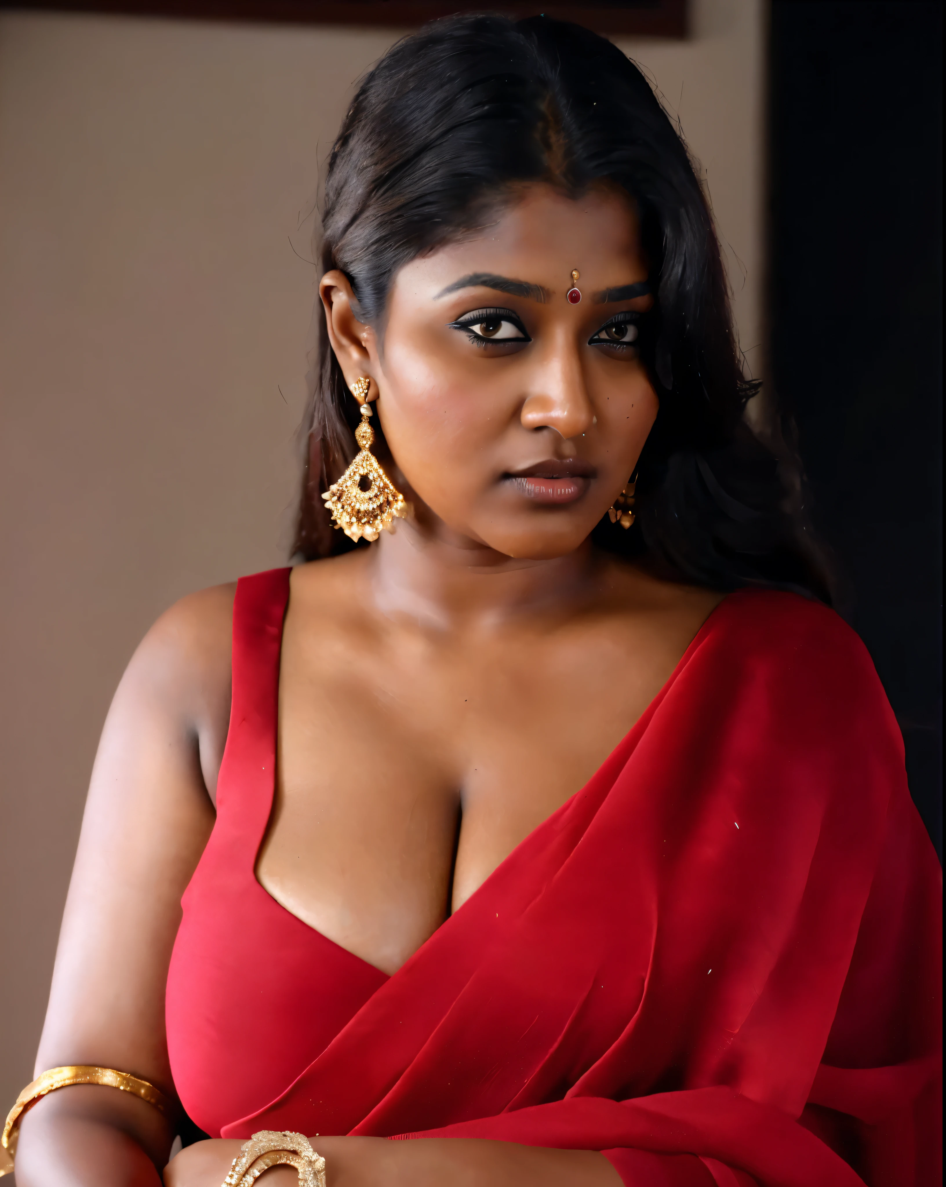 Looks like Nayanthara, thick figure, bulky figure, fleshy figure, black lips, beautiful hypnotizing gazing eyes, Full figured woman, heavy figure, attractive, gorgeous, stunning beauty, milf, 50 years old Woman, attractive body, araffe woman in a gold sari posing for a picture, chocolate skin, skin pores, sweat, incredible skin texture, wearing gold jewellery, photo of a hand jewellery model, sexy girl with dark complexion, indian girl with brown skin, traditional beauty, wearing elegant jewellery, traditional makeup, with small studded earings, indian goddess, indian, intricate thin details in gold, gold jewellery, modeling shoot, 7 0 mm portrait, dramatic lighting, cinematic colour grading,