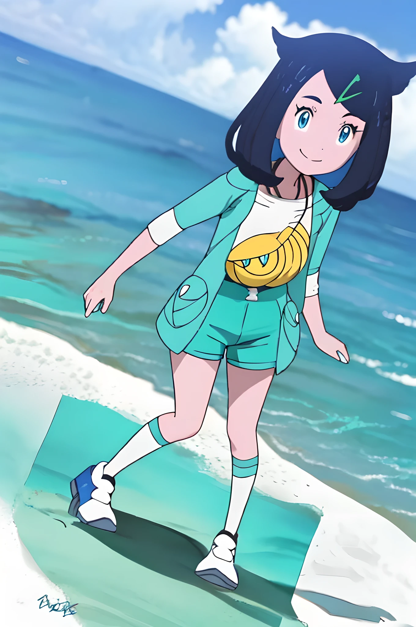 1girl, blue hair short hair, blue eyes, beautiful detailed eyes, beautiful detailed lips, white tank top, yellow shorts, smiling, pokemon, white shoes, blue sandals, beach, daytime, looking at viewer, (best quality,4k,8k,highres,masterpiece:1.2),ultra-detailed,(realistic,photorealistic,photo-realistic:1.37),outdoors,vibrant colors,natural lighting