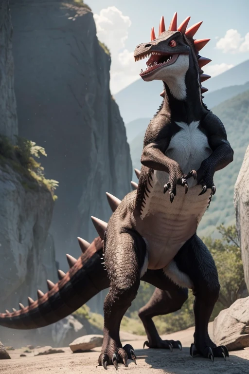 A new species of small but fierce dinosaur with huge teeth and huge claws that also has a long tail with a rock on the tip and a very sharp horn on its head
