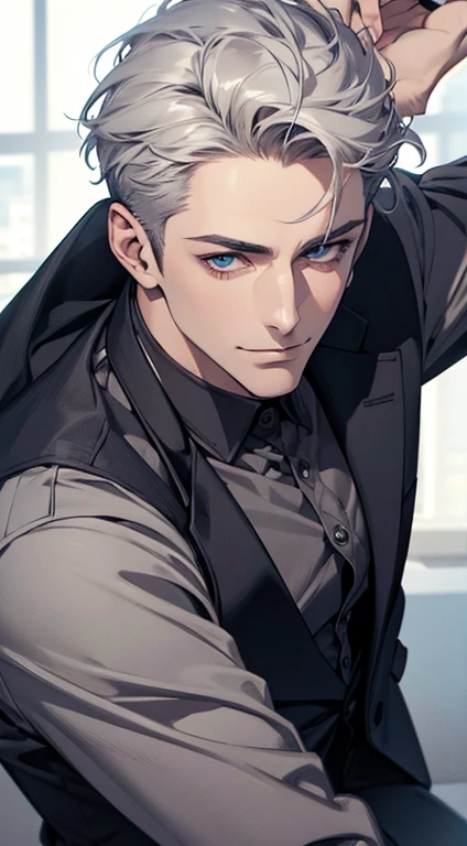(best quality,4k,8k,highres,masterpiece:1.2),ultra-detailed,(realistic,photorealistic,photo-realistic:1.37),1 man,31 years old,mature man,very handsome,without expression,smile,short grey silver hair,blue eyes,penetrating gaze,perfect face without errors,imposing posture,businessman,office background,cinematic lighting,hdr image