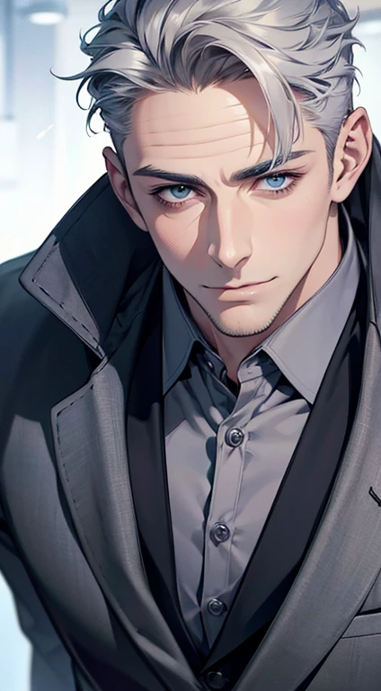 (best quality,4k,8k,highres,masterpiece:1.2),ultra-detailed,(realistic,photorealistic,photo-realistic:1.37),1 man,31 years old,mature man,very handsome,without expression,smile,short grey silver hair,blue eyes,penetrating gaze,perfect face without errors,imposing posture,businessman,office background,cinematic lighting,hdr image