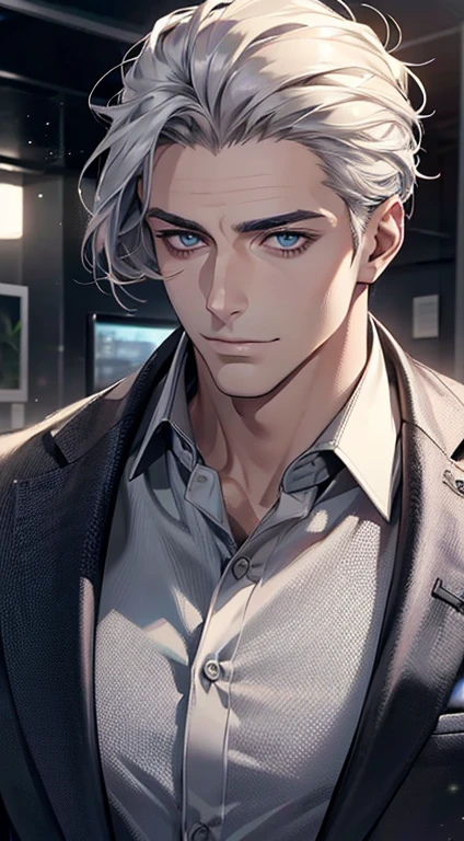(best quality,4k,8k,highres,masterpiece:1.2),ultra-detailed,(realistic,photorealistic,photo-realistic:1.37),1 man,31 years old,mature man,very handsome,without expression,smile,short grey silver hair,blue eyes,penetrating gaze,perfect face without errors,imposing posture,businessman,office background,cinematic lighting,hdr image