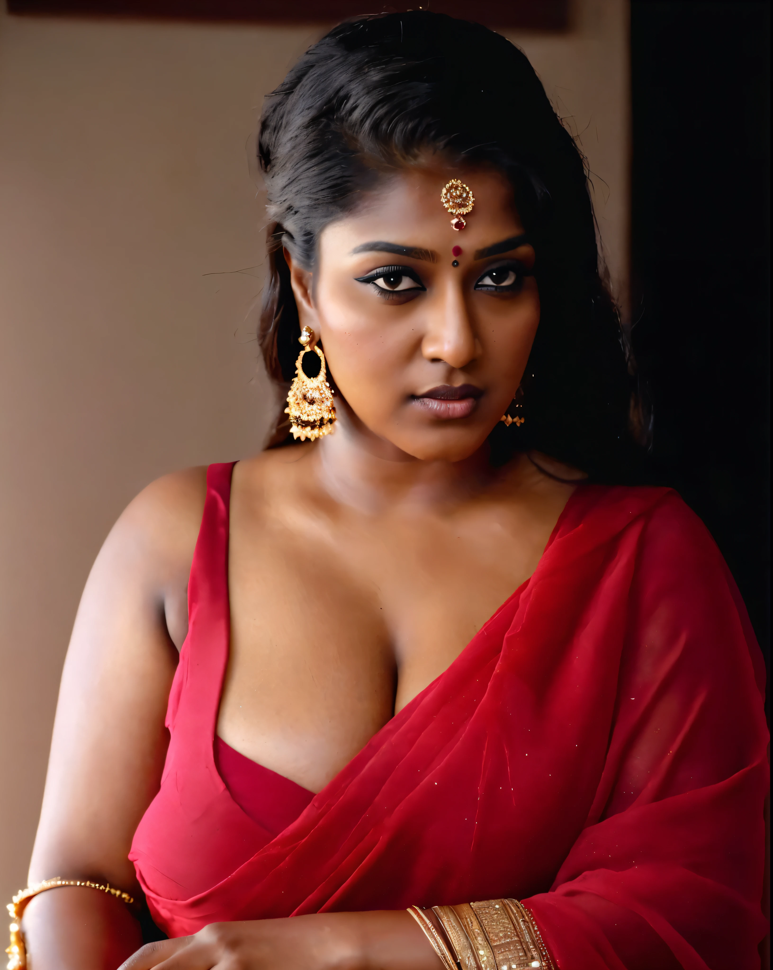 Looks like Nayanthara, thick figure, bulky figure, fleshy figure, black lips, beautiful hypnotizing gazing eyes, Full figured woman, heavy figure, attractive, gorgeous, stunning beauty, , 50 years old Woman, attractive body, araffe woman in a gold sari posing for a picture, chocolate skin, skin pores, sweat, incredible skin texture, wearing gold jewellery, photo of a hand jewellery model, sexyrl with dark complexion, indian girl with brown skin, traditional beauty, wearing elegant jewellery, traditional makeup, with small studded earings, indian goddess, indian, intricate thin details in gold, gold jewellery, modeling shoot, 7 0 mm portrait, dramatic lighting, cinematic colour grading,