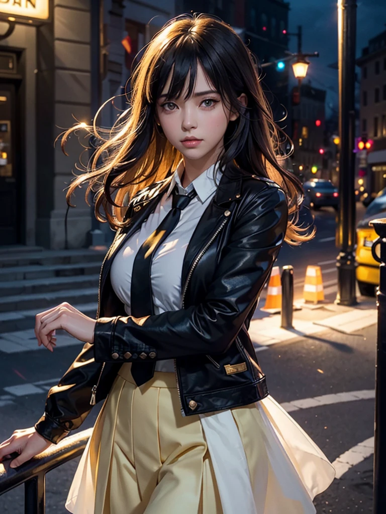 1girl, intricate detail, masterpiece, best quality, extremly detailed,cinematic lighting, beautiful detailed glow, finely detailed beautiful face and eyes, 8k, dark intense shadows, yellow eyes, medium hair, black hair, bangs, floating hair, black jacket, open jacket, white shirt, expressionless, yellow necktie, black skirt, spotlight, sunshine, sunrise, gradient sky, city, lens flare, cowboy shot, [[curvy]], [mature female]