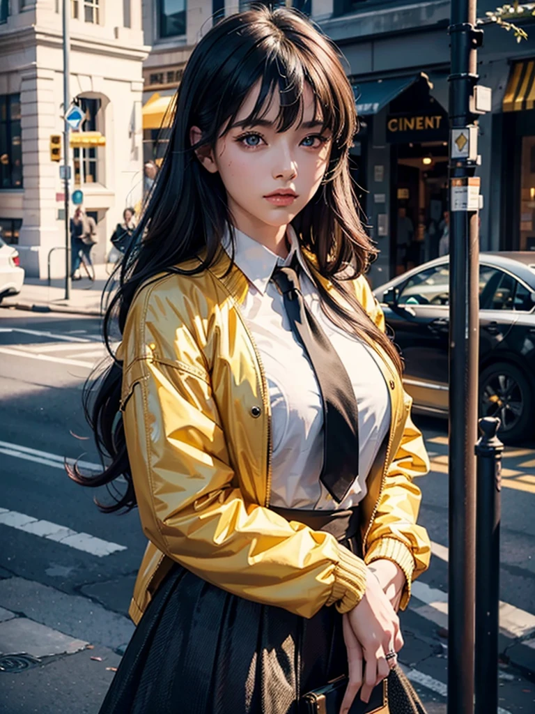 ((nsfw)),1girl, intricate detail, masterpiece, best quality, extremly detailed,cinematic lighting, beautiful detailed glow, finely detailed beautiful face and eyes, 8k, dark intense shadows, yellow eyes, medium hair, black hair, bangs, floating hair, black jacket, open jacket, white shirt, expressionless, yellow necktie, black skirt, spotlight, sunshine, sunrise, gradient sky, city, lens flare, cowboy shot, [[curvy]], [mature female]