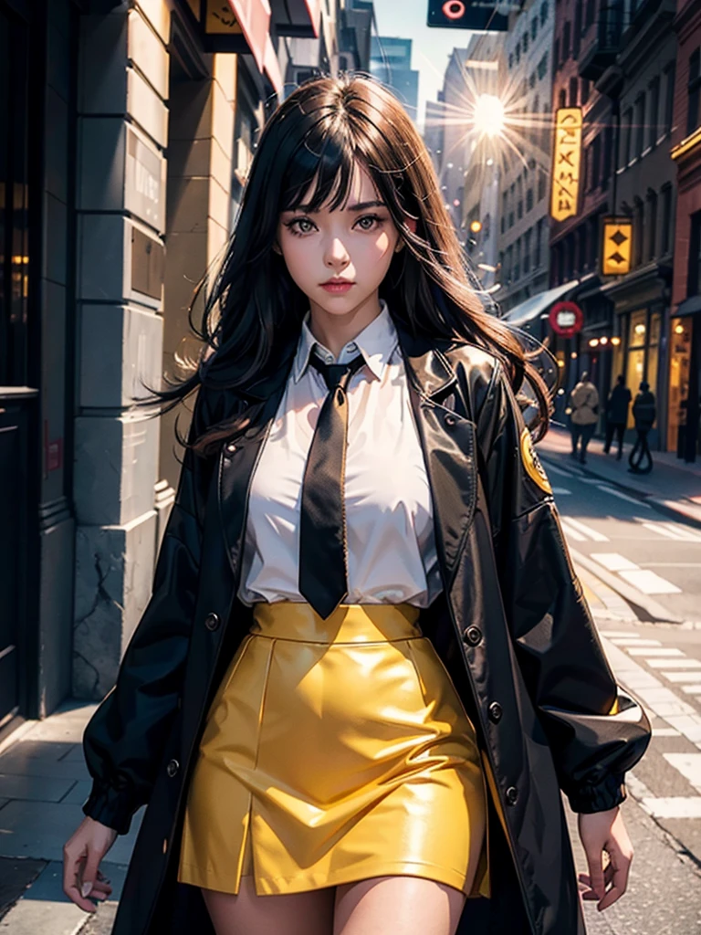 1girl, intricate detail, masterpiece, best quality, extremly detailed,cinematic lighting, beautiful detailed glow, finely detailed beautiful face and eyes, 8k, dark intense shadows, yellow eyes, medium hair, black hair, bangs, floating hair, black jacket, open jacket, white shirt, expressionless, yellow necktie, black skirt, spotlight, sunshine, sunrise, gradient sky, city, lens flare, cowboy shot, [[curvy]], [mature female]