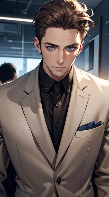 (best quality,4k,8k,highres,masterpiece:1.2),ultra-detailed,(realistic,photorealistic,photo-realistic:1.37),1 man,31 years old,mature man,very handsome,without expression,smile,short grey brown hair,blue eyes,penetrating gaze,perfect face without errors,imposing posture,businessman,office background,cinematic lighting,hdr image