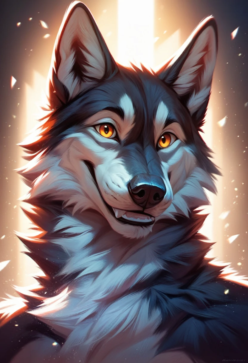 solo male, wolf, realistic wolf furry, smiling, white fur, Black fur stripe, netral, Traumatized face, dynamic lighting, illustration, beautiful, particles (high quality,4k,8k,highres,masterpiece:1.2), ultra-detailed, impressionistic:colorful,