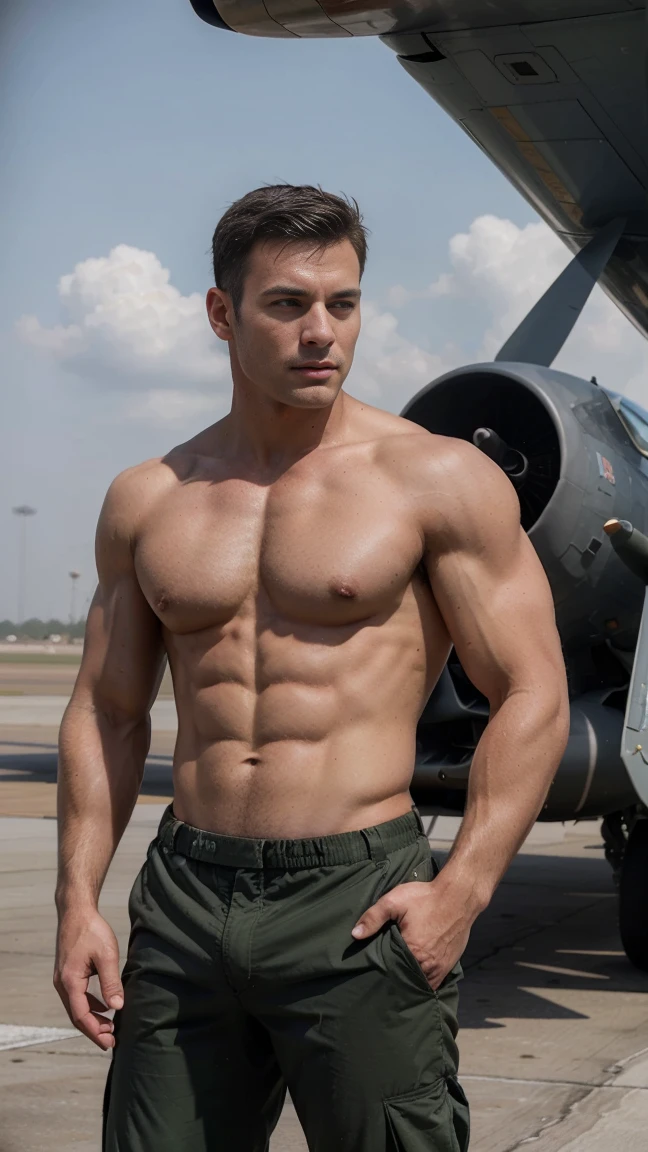 Sexy muscular man military pilot, Bare breasts, standing near a fighter plane, around a military airfield