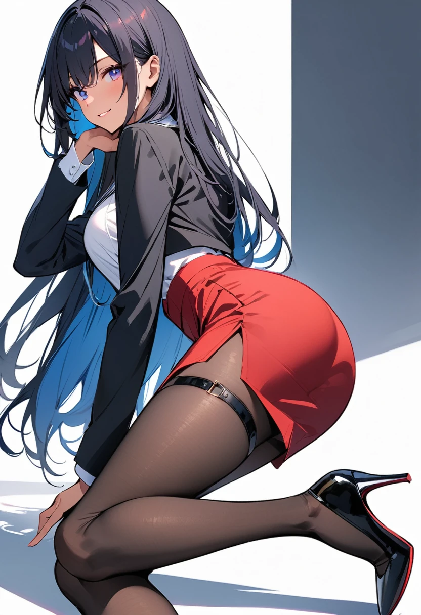 (masterpiece:1.2),Highest quality,Pixiv ,One girl,alone,Long Hair,pantyhose,skirt,View your viewers,High heels,smile,Black footwear,red skirt,White background only,Long sleeve,whole body,high-waist skirt,From the side,One knee,Black Hair,pencil skirt,Thigh straps,Pink Eyes,chest,Jacket,shirt,Straight hair,black Jacket,Blue Hair,Dark Skin, blue eyes,Part your lips,Look to the side、White background
