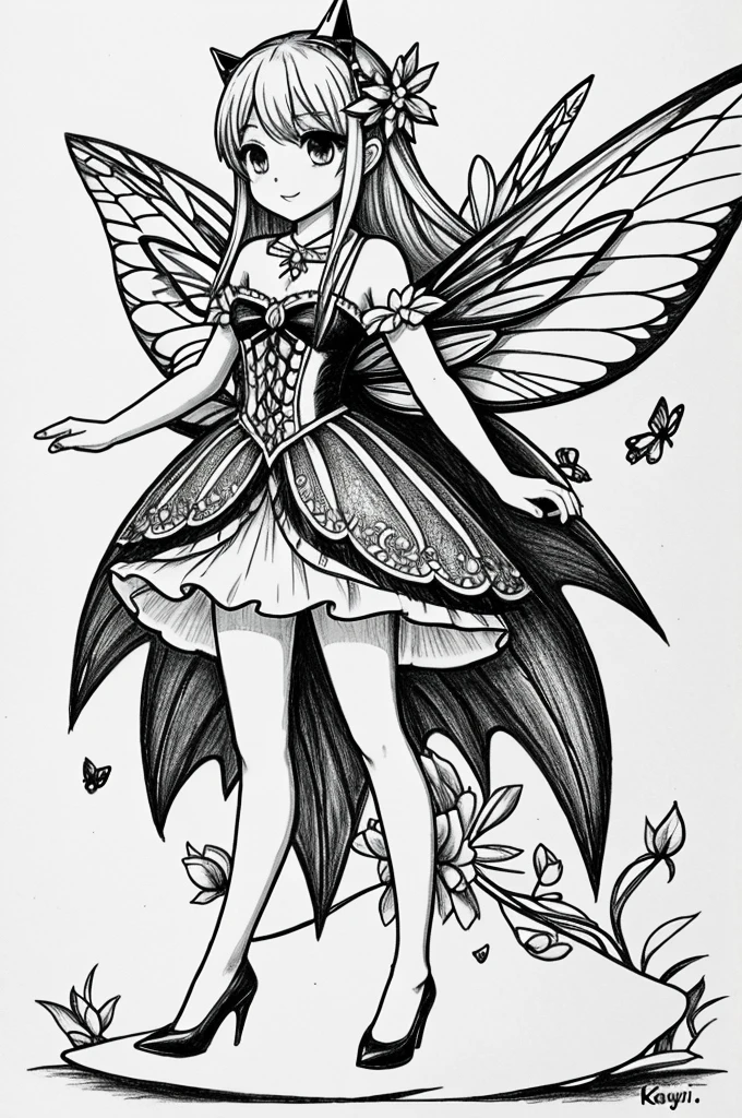 Black and white full body kawai fairy drawing