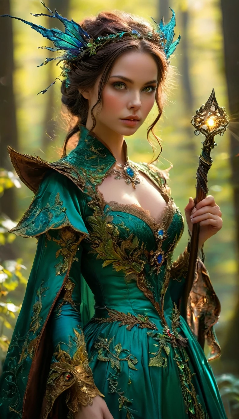 (best quality, 4k, 8k, high resolution, masterpiece: 1.2), (full silhouette: 1.5), ultra-detailed, (realistic, photorealistic, photorealistic: 1.37), Witch, RPG, Sorceress, Magic , Brunette woman, beautiful detailed deep green eyes, beautiful detailed lips, extremely detailed eyes and face, long eyelashes, vibrant and colorful, swirling magical aura, fantasy setting, dark red medieval inspired clothing intricate details, a staff of energy in hands casting a powerful spell, with an air of mystery, dark and enchanting diffuse backlighting, in front of the coven, forest, flowers, beautiful sorceress distinct and detailed features, denoting her beauty and magical abilities.