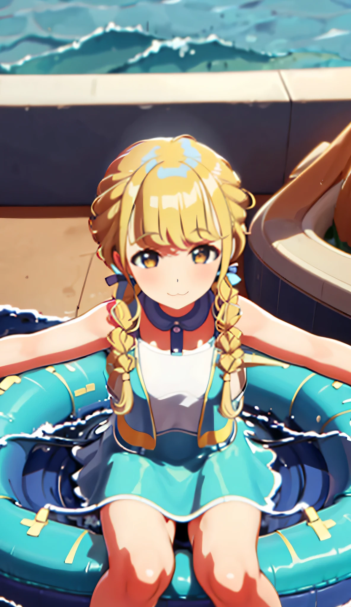 Blonde, sitting on a swim ring on the sea, wearing a bikini, cute smile, arms outstretched, splashing water, flushed cheeks, side view, close-up