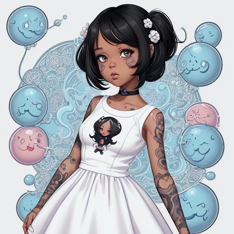 a cartoon girl with tattoos blowing a bubble while wearing a white dress, cute detailed artwork, trending on artstration, in style of digital illustration, cute artwork, loish |, cute art style, detailed digital drawing, detailed woman, cartoon art style, high quality portrait, cute detailed digital art, black anime manga girl, cartoon style illustration, super cute funky black girl