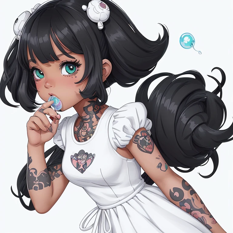 a cartoon girl with tattoos blowing a bubble while wearing a white dress, cute detailed artwork, trending on artstration, in style of digital illustration, cute artwork, loish |, cute art style, detailed digital drawing, detailed woman, cartoon art style, high quality portrait, cute detailed digital art, black anime manga girl, cartoon style illustration, super cute funky black girl