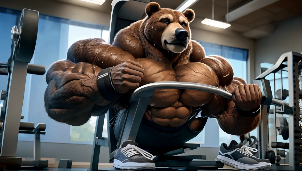Big brown furry kodiak muscle bear with huge muscles with black gym shorts, black gym shoes and black wristbands at the gym doing incline bench presses sweating off with veins