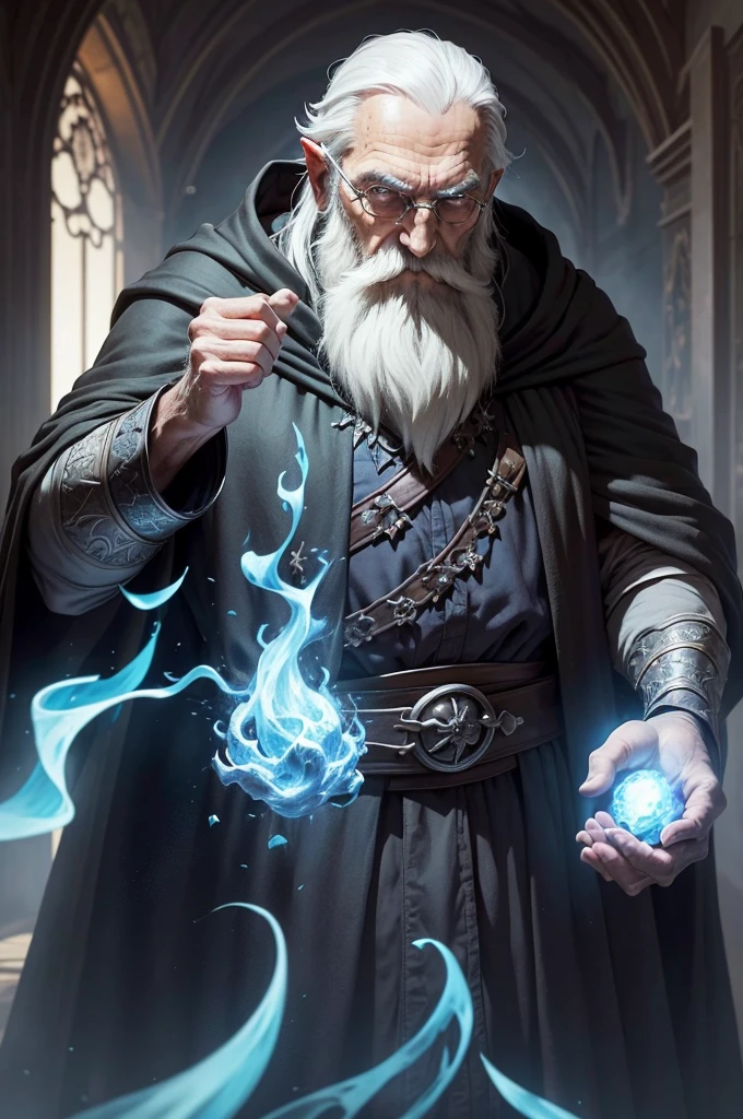 An old man wearing a black cloak, his hand is outstretched, over his hand floats a handful of magical blue flame, the old man has a long beard and a mysterious and mischievous look. Interior of a mansion, Fantasy world. ((best qualityer)), ((work of art)), (detailded)) ((anime styling))