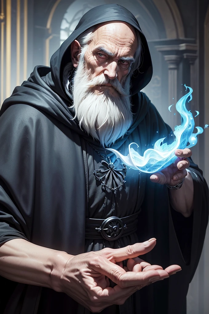 An old man wearing a black cloak, his hand is outstretched, over his hand floats a handful of magical blue flame, the old man has a long beard and a mysterious and mischievous look. Interior of a mansion, Fantasy world. ((best qualityer)), ((work of art)), (detailded)) ((anime styling))