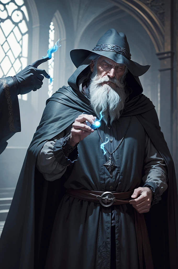 An old man wearing a black cloak, his hand is outstretched, over his hand floats a handful of magical blue flame, the old man has a long beard and a mysterious and mischievous look. Interior of a mansion, Fantasy world. ((best qualityer)), ((work of art)), (detailded)) ((anime styling))