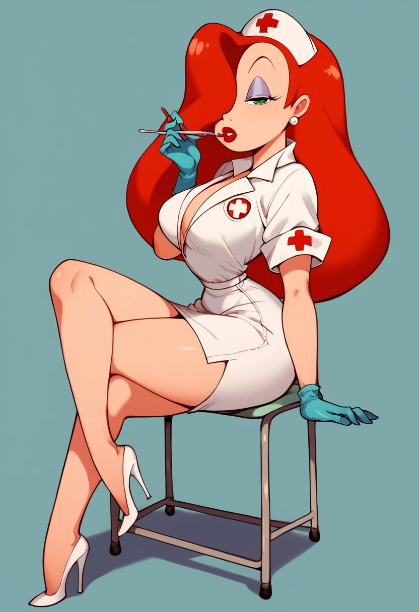 score_9, score_8_up, score_7_up, score_6_up, score_5_up, score_4_up, BREAK, source_anime, 1girl, red hair, long hair, hair over one eye, green eyes, lipstick, makeup, earrings, jessicanurse, nurse, nurse cap, miniskirt, high heels